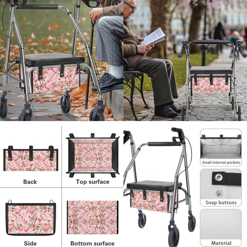 LedBack 3 Piece Set Walker Accessories Pink Rose Heart Walker Seat Cover Soft Rollator Seat and Back Rest Covers Underseat Pouch Tote Valentines Decorations - Image 5